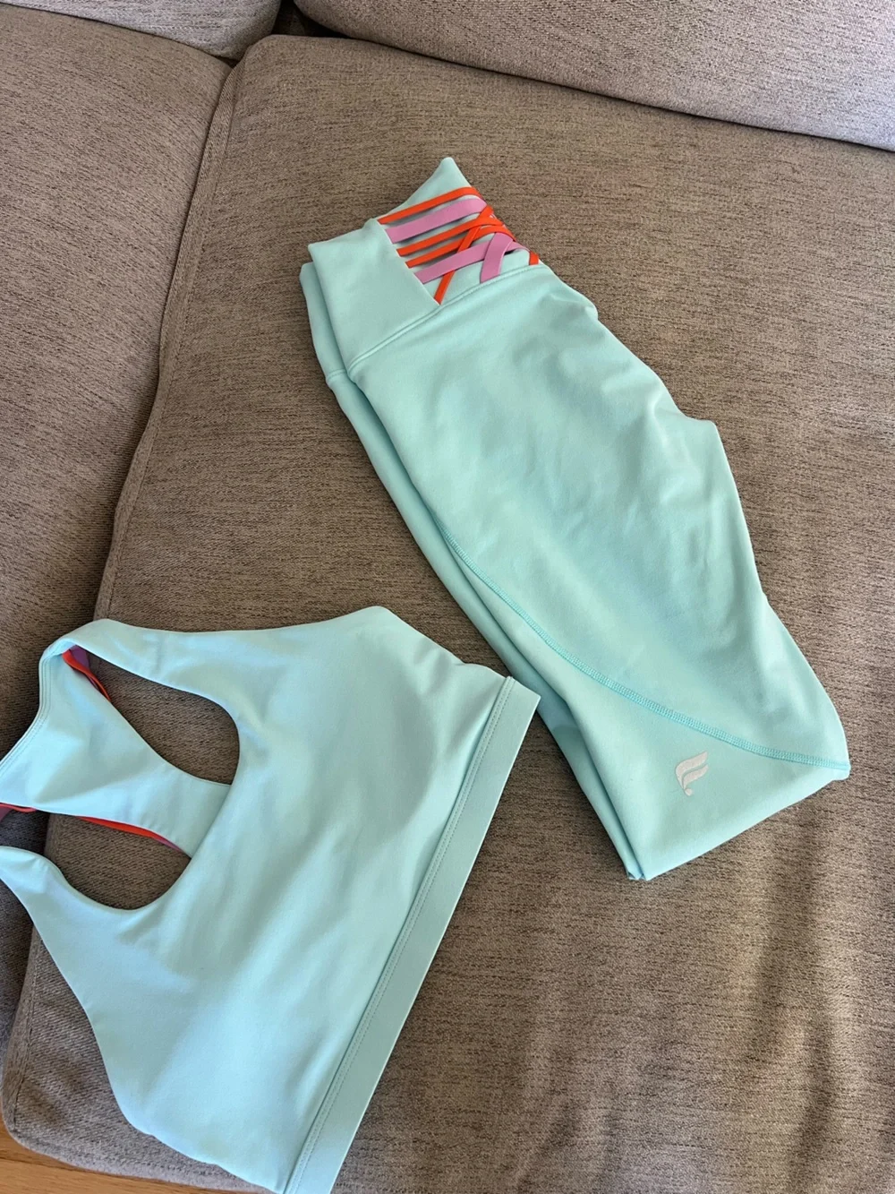 Fabletics Light Aqua Strappy Sports Bra and Leggings Set